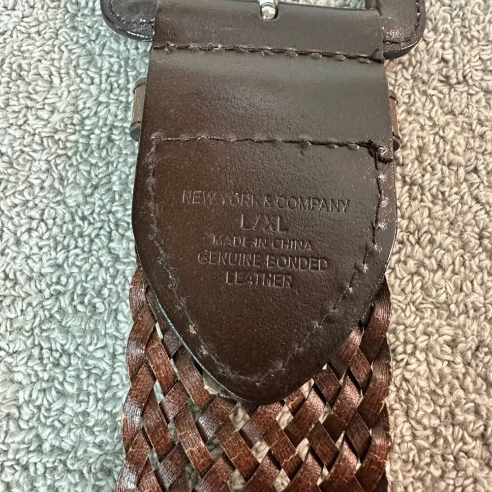 New York & Company Womens Braided Bonded Leather Belt Brown L/XL Square Buckle